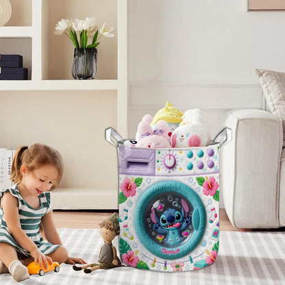 Personalized Cute Blue Alien Storage Basket - Custom Name Ohana Quilt Laundry Basket