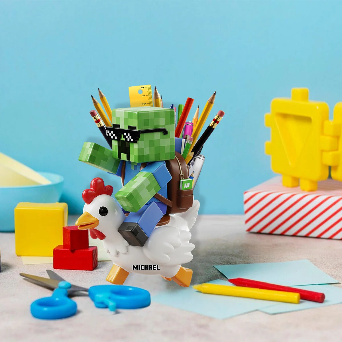 Gamer Back To School - Personalized Block World Wooden Pen Holder