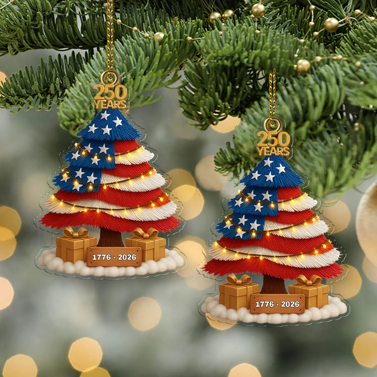 US 250 Years 1776–2026 Ornament, America Patriotic Christmas Tree Decoration