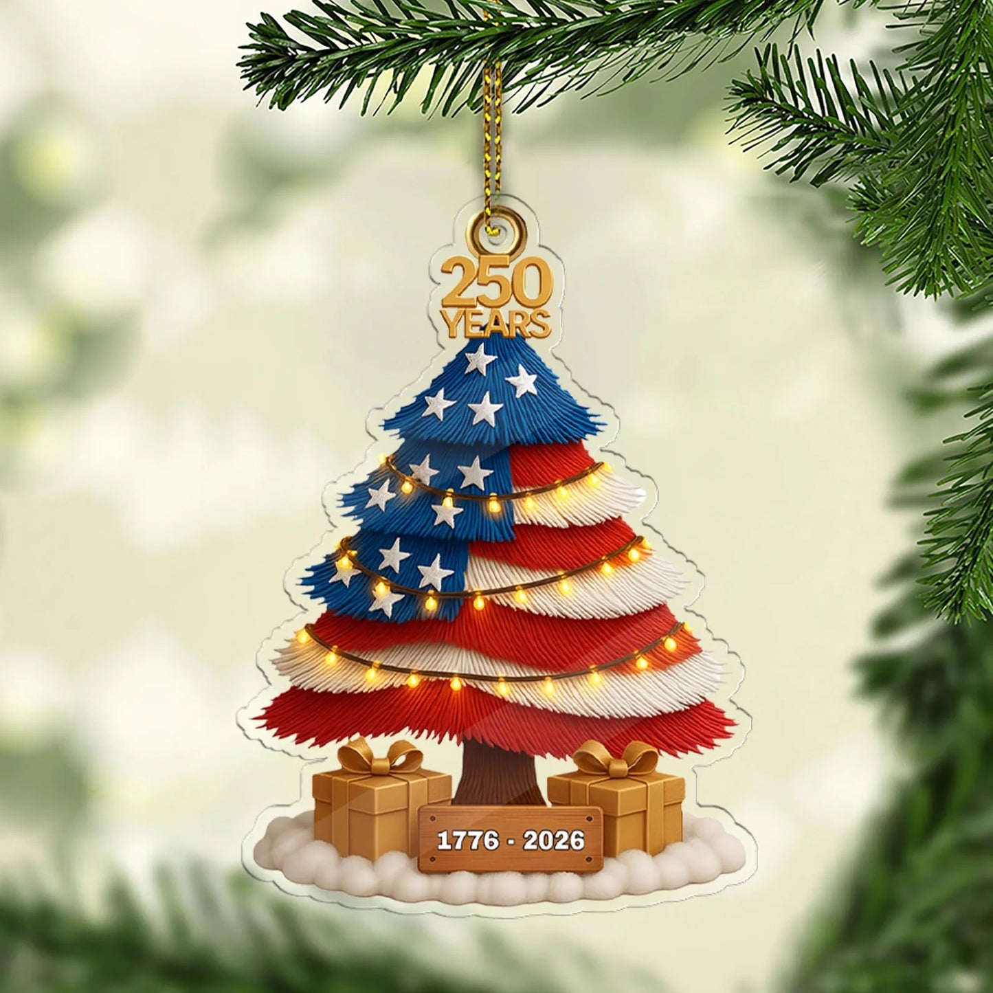 US 250 Years 1776–2026 Ornament, America Patriotic Christmas Tree Decoration