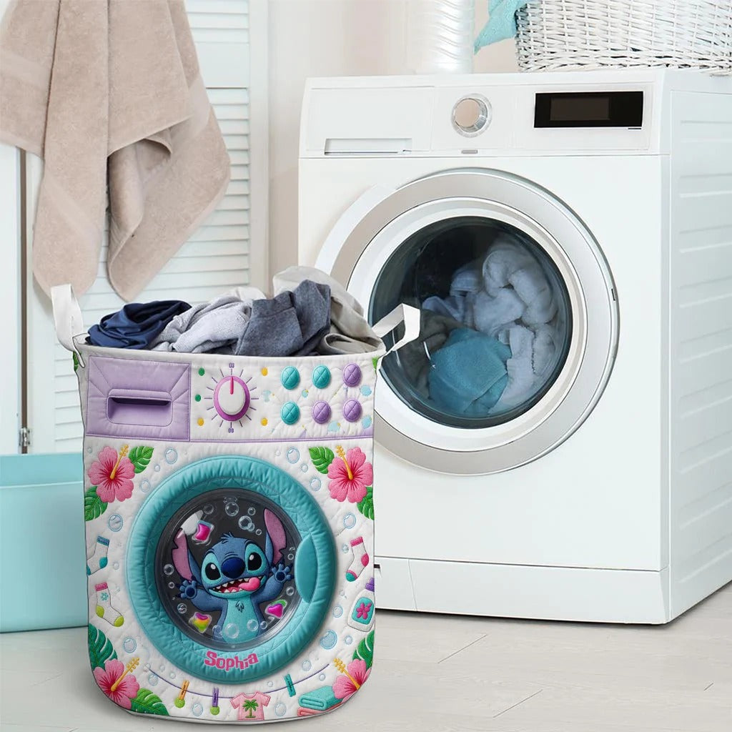 Personalized Cute Blue Alien Storage Basket - Custom Name Ohana Quilt Laundry Basket
