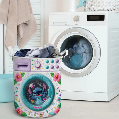 Personalized Cute Blue Alien Storage Basket - Custom Name Ohana Quilt Laundry Basket