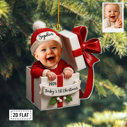 Personalized Baby in Gift Box Christmas 2D Flat Acrylic Ornament, Custom Baby Photo Ornament, Baby’s First Christmas Gift