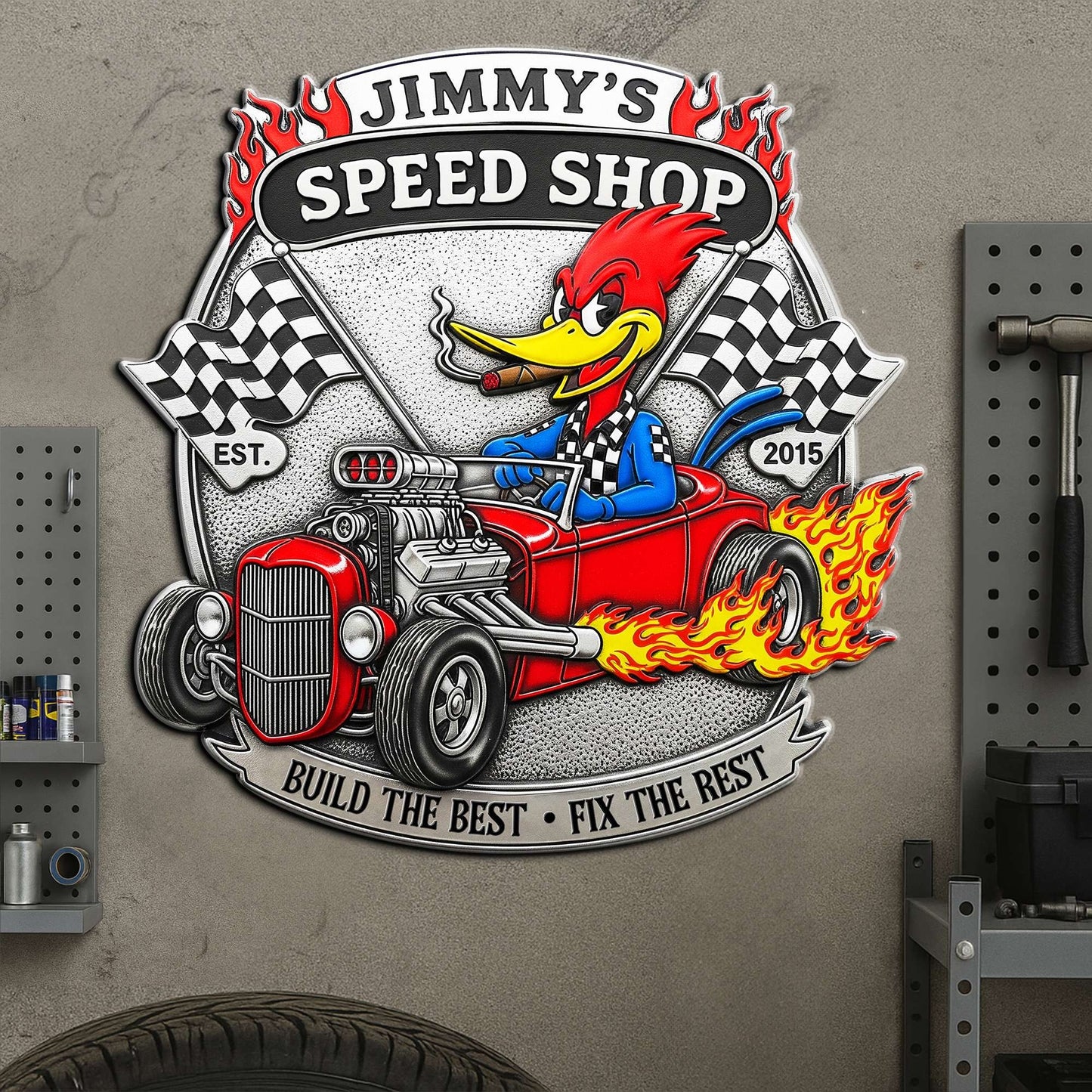 Personalized Gifts For Hot Rod Lovers Metal Sign, Hot Rod Speed Shop Garage