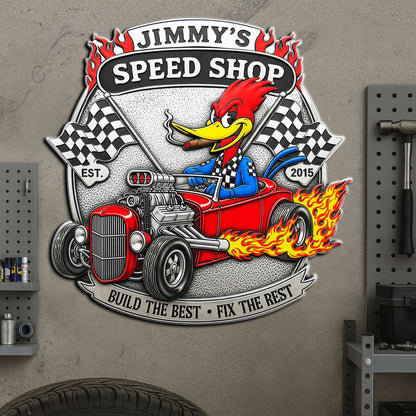 Personalized Gifts For Hot Rod Lovers Metal Sign, Hot Rod Speed Shop Garage