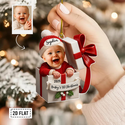 Personalized Baby in Gift Box Christmas 2D Flat Acrylic Ornament, Custom Baby Photo Ornament, Baby’s First Christmas Gift