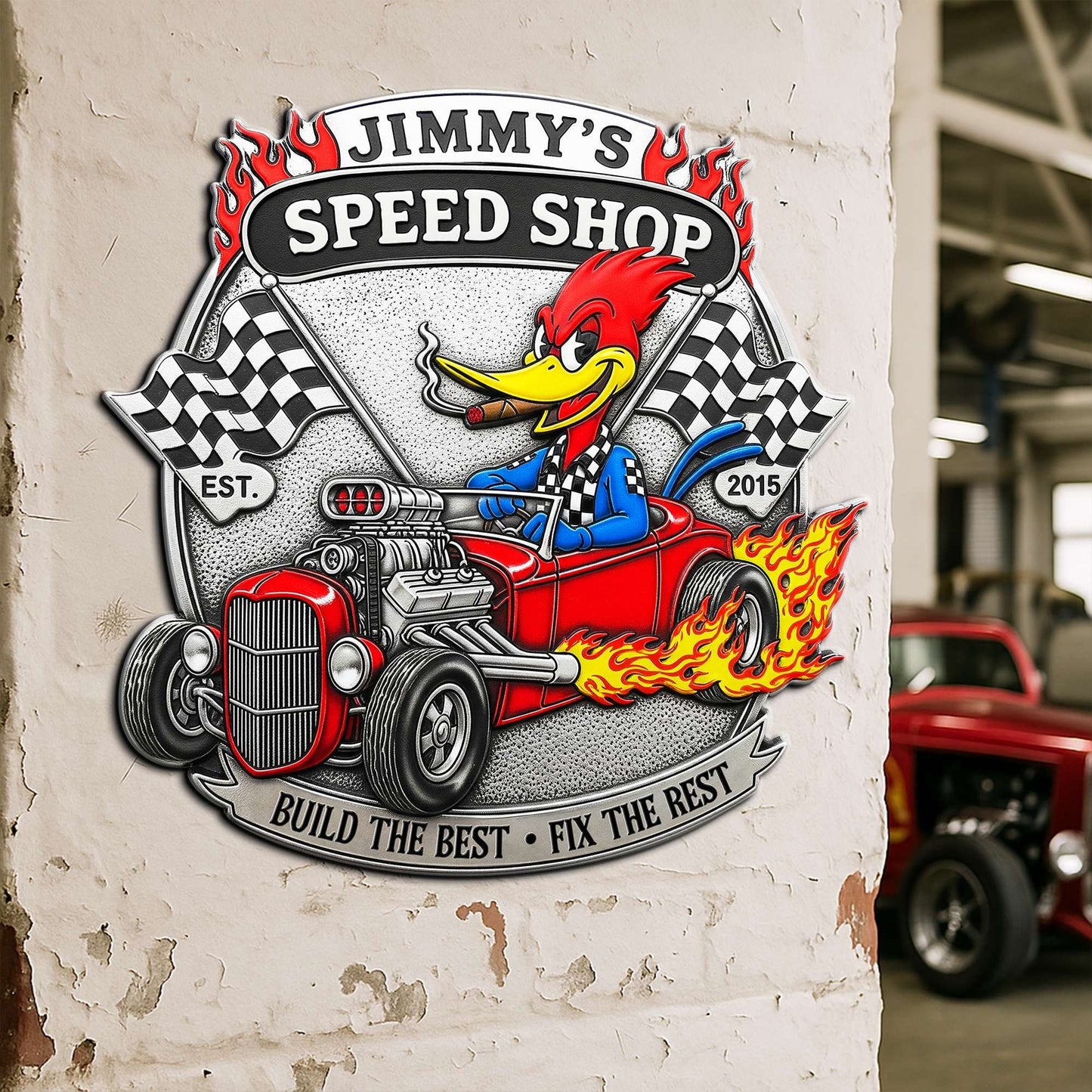 Personalized Gifts For Hot Rod Lovers Metal Sign, Hot Rod Speed Shop Garage
