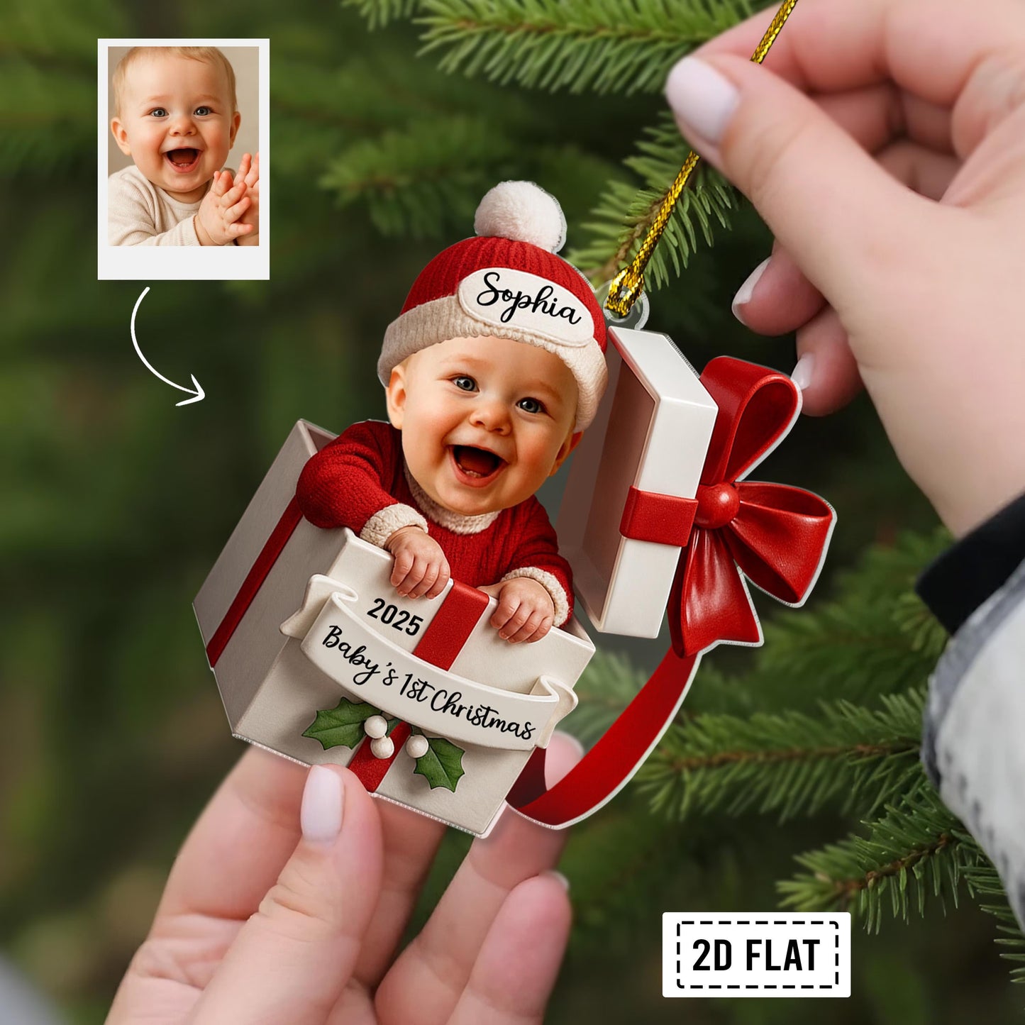 Personalized Baby in Gift Box Christmas 2D Flat Acrylic Ornament, Custom Baby Photo Ornament, Baby’s First Christmas Gift