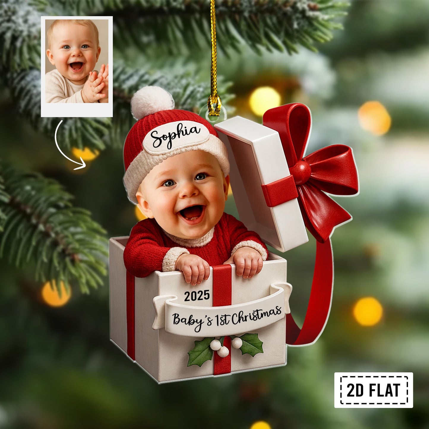 Personalized Baby in Gift Box Christmas 2D Flat Acrylic Ornament, Custom Baby Photo Ornament, Baby’s First Christmas Gift