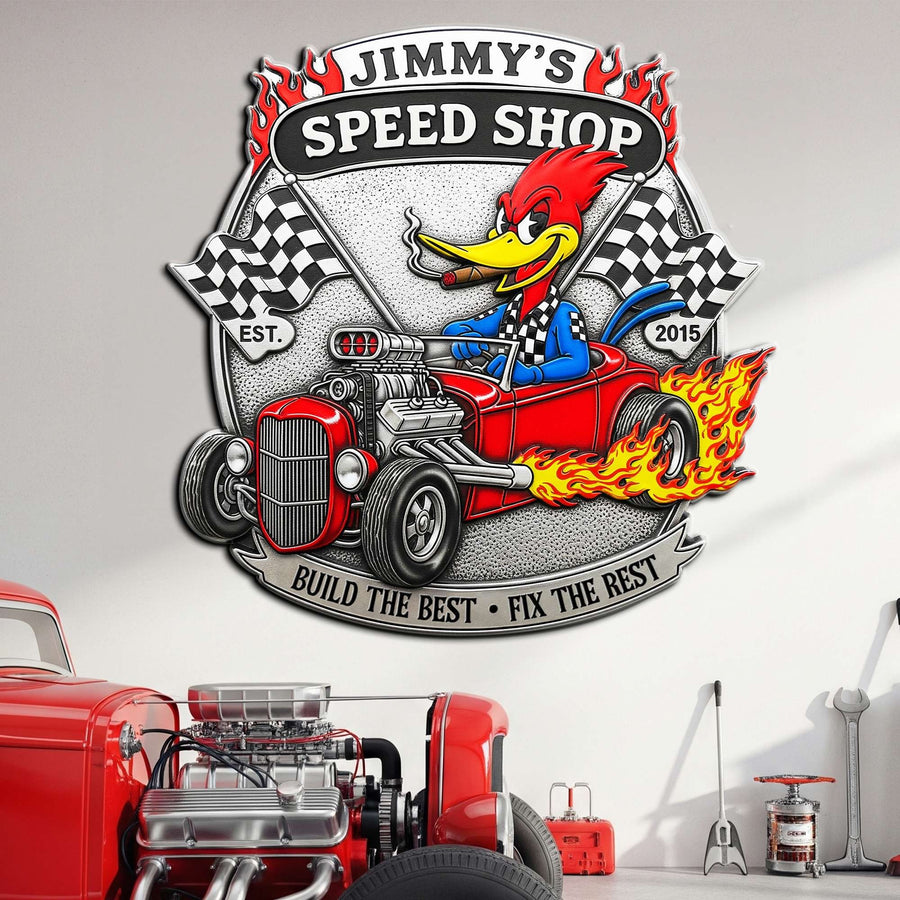 Personalized Gifts For Hot Rod Lovers Metal Sign, Hot Rod Speed Shop Garage