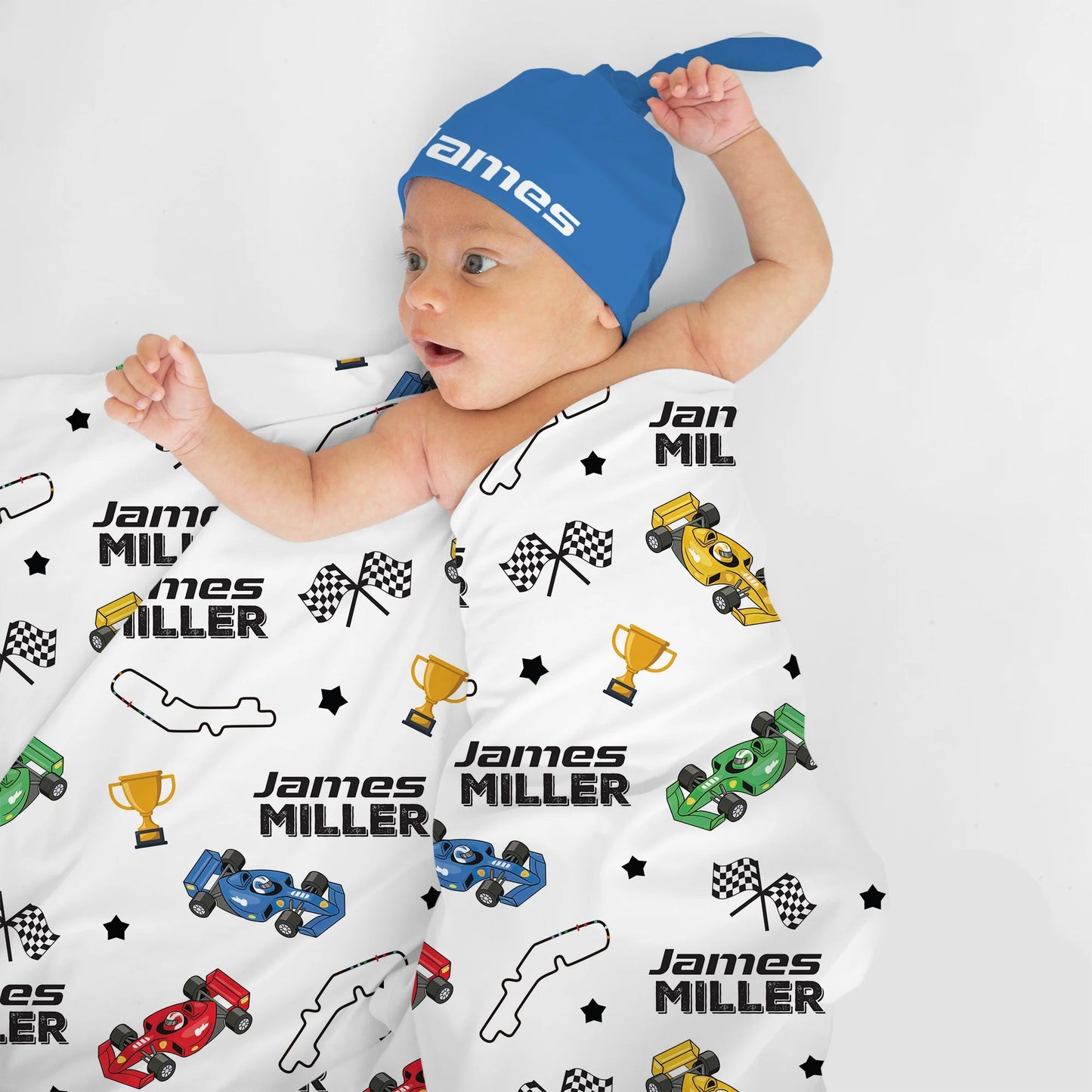 Custom Name Baby Blanket – Race Car Pattern Personalized Blanket for Kids