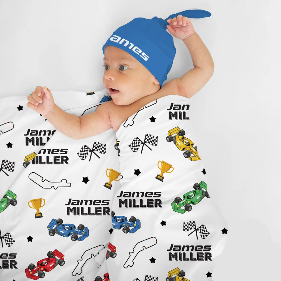 Custom Name Baby Blanket – Race Car Pattern Personalized Blanket for Kids