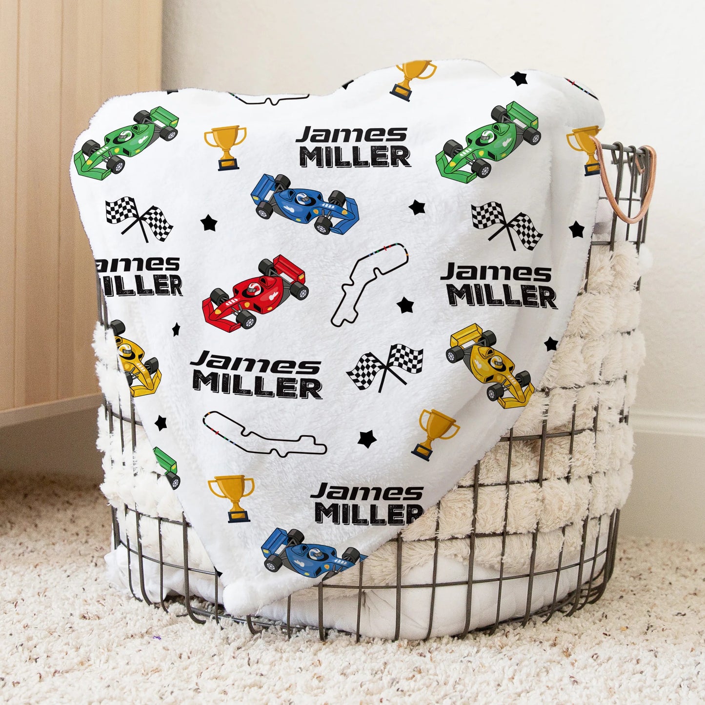 Custom Name Baby Blanket – Race Car Pattern Personalized Blanket for Kids