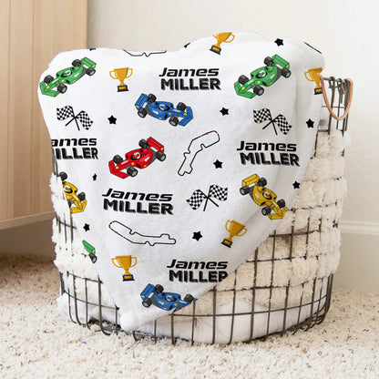 Custom Name Baby Blanket – Race Car Pattern Personalized Blanket for Kids