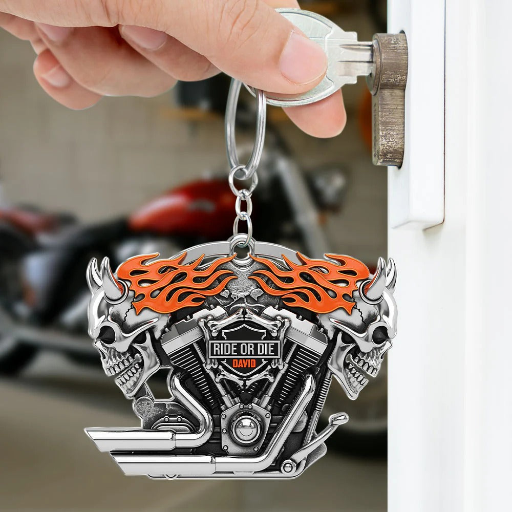 Motorcycle Engine Evil Skull Keychain - Personalized Gifts For Biker