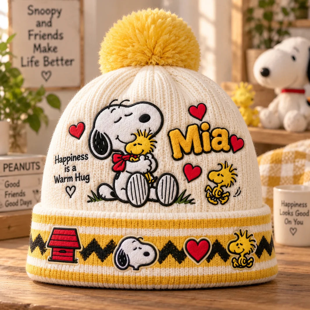 Cute Vintage Cartoon Happiness Is A Warm Hug Gift For Adults And Kids - Personalized Beanie Hat