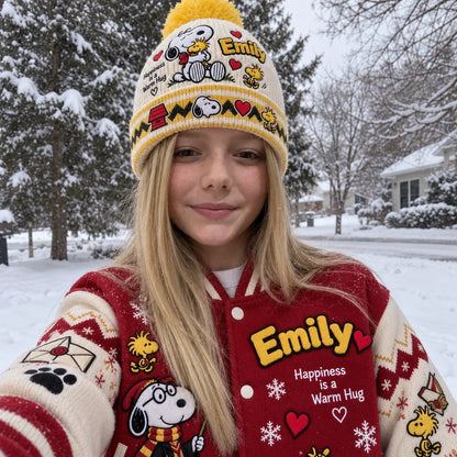 Cute Vintage Cartoon Happiness Is A Warm Hug Gift For Adults And Kids - Personalized Beanie Hat