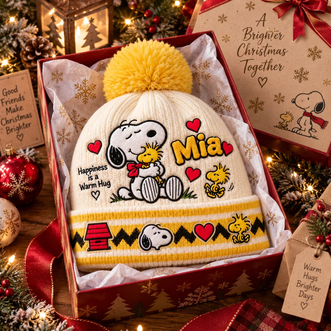 Cute Vintage Cartoon Happiness Is A Warm Hug Gift For Adults And Kids - Personalized Beanie Hat