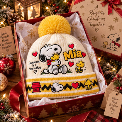 Cute Vintage Cartoon Happiness Is A Warm Hug Gift For Adults And Kids - Personalized Beanie Hat