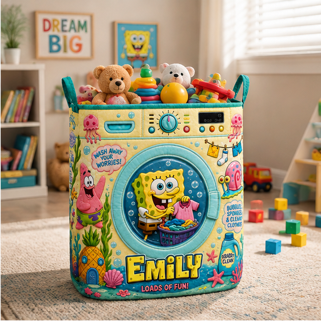 Personalized Ocean Friends Storage Basket - Custom Name Funny Quilt Laundry Basket