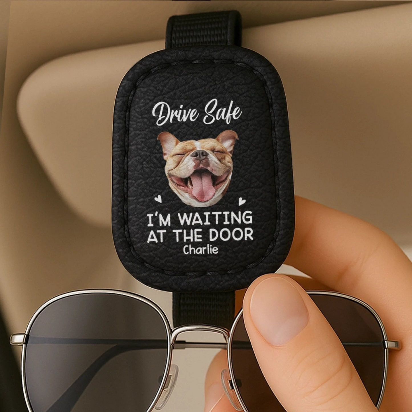 Custom Photo We're Waiting At The Door - Dog & Cat Personalized Custom Leather Car Visor - Father's Day, Gift For Pet Owners, Pet Lovers