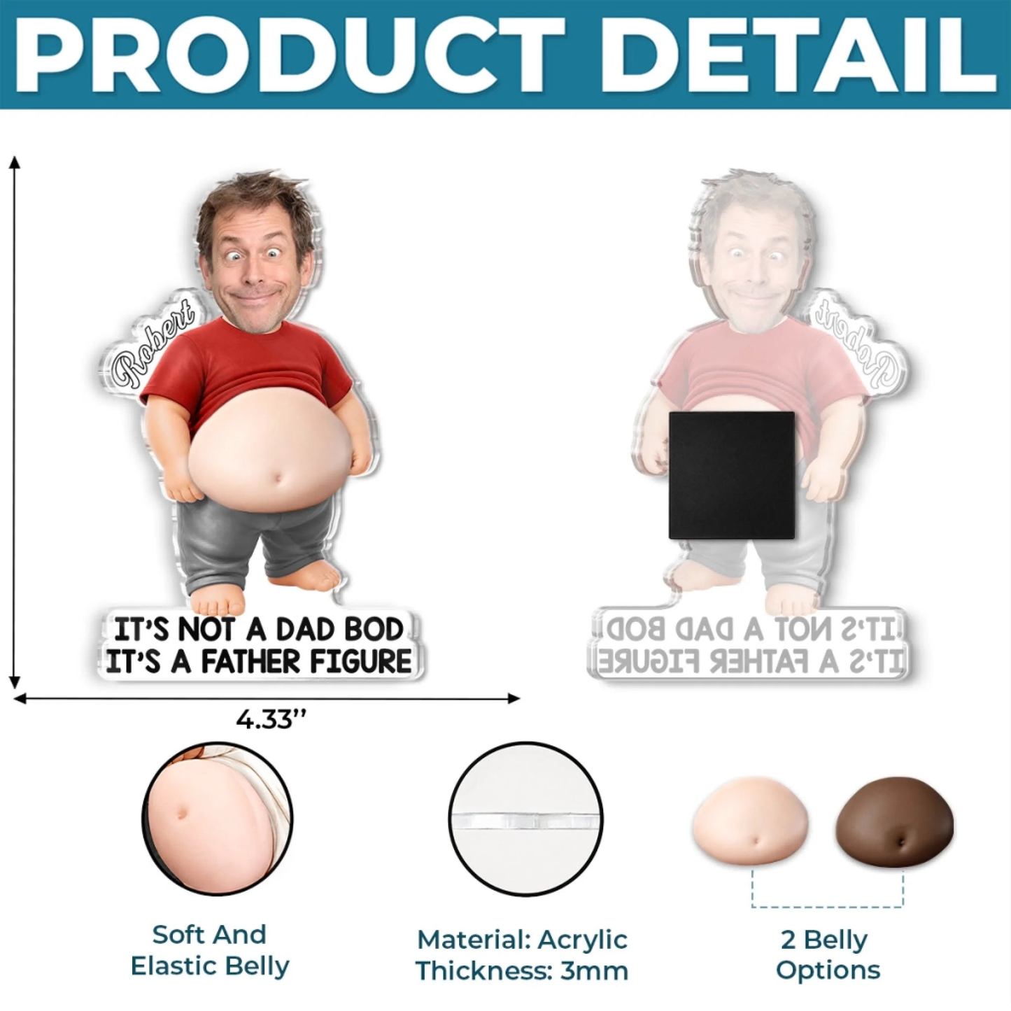 Custom Photo Dad Bod Belly Squishy Acrylic Fridge Magnet - Personalized Father's Day Funny Gifts For Dad, Grandpa